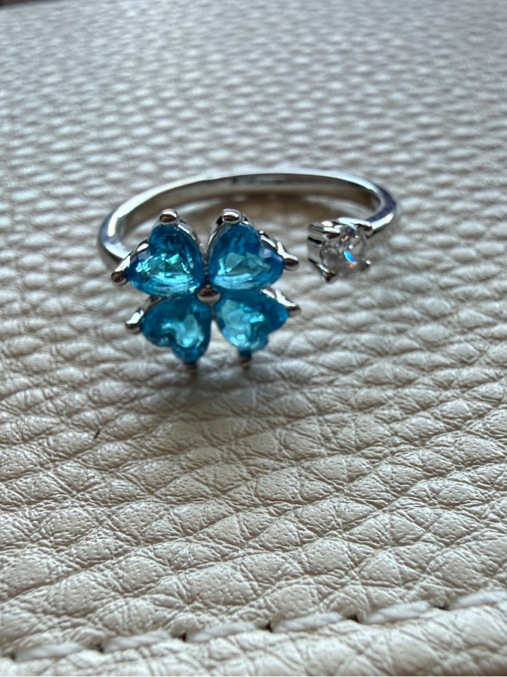 Silver Ring with Blue Clover Hearts Gemstone and Clear Accent - Size Adjustable